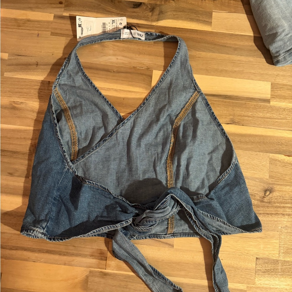 Zara Blue Denim Wrap Halter Top